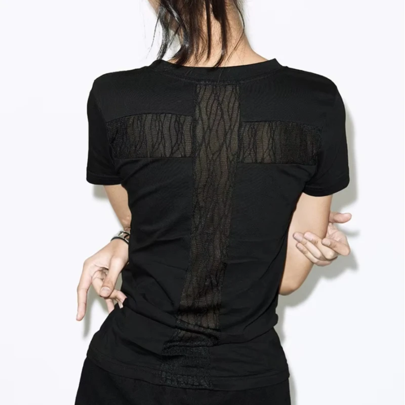 Gothic Y2K Harajuku Women Cross Mesh Lace Stitching Design T-shirt Fashionable Letter Print Short Sleeve Slim Fitted Casual Tops