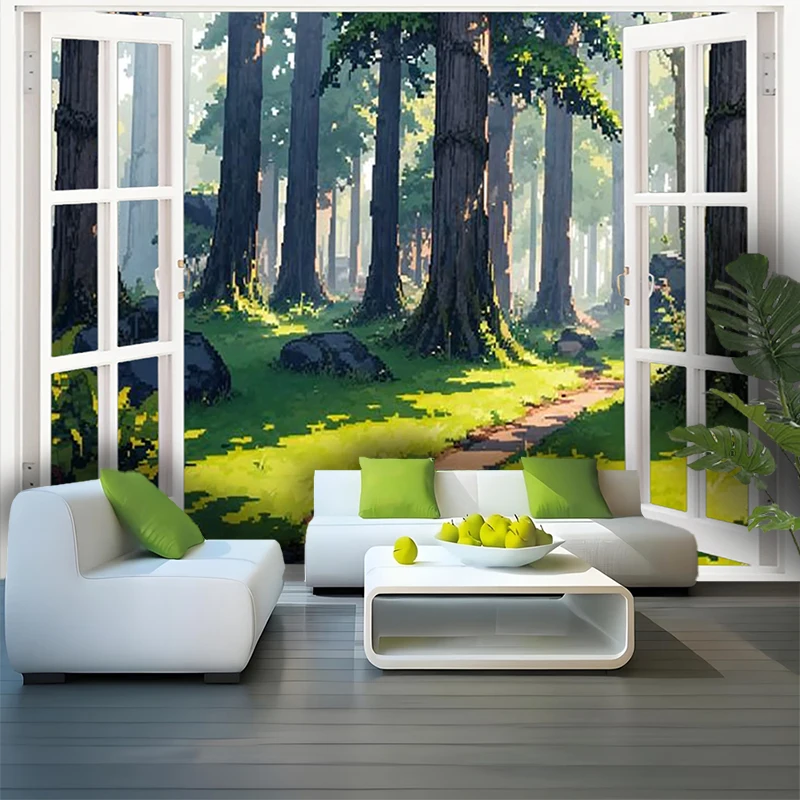 1PC Digital Print Tapestry Wall Hanging, Fake Window Frozen Lake Winter Forest Art, Nature Scenery 3D Window Wall Art Decor - view 6