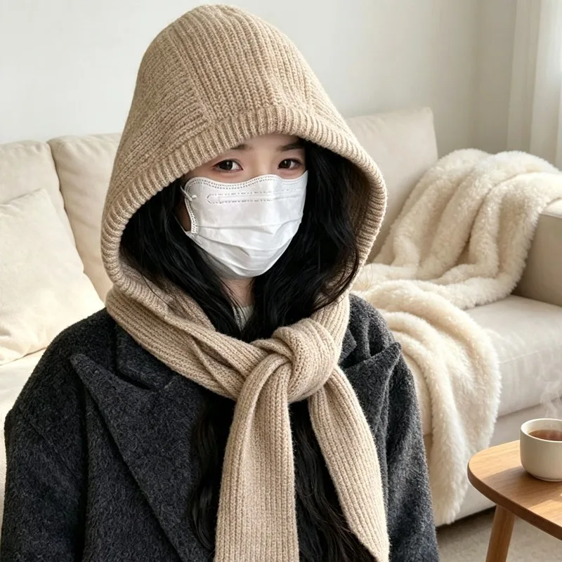 1-5PCS Women Knitted Hat with Scarf Integrated Ear Flap Thick Warm Windproof Winter Beanie for Skiing Cycling Cold Weather
