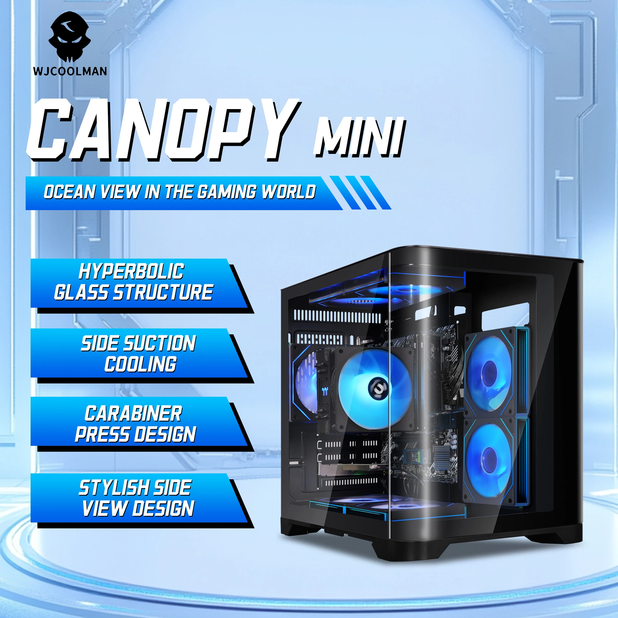

Canopy MINI Black Seaview Room Curved Side Transparent Glass Gaming Computer Chassis Desktop MATX Motherboard 240 Water Cooling