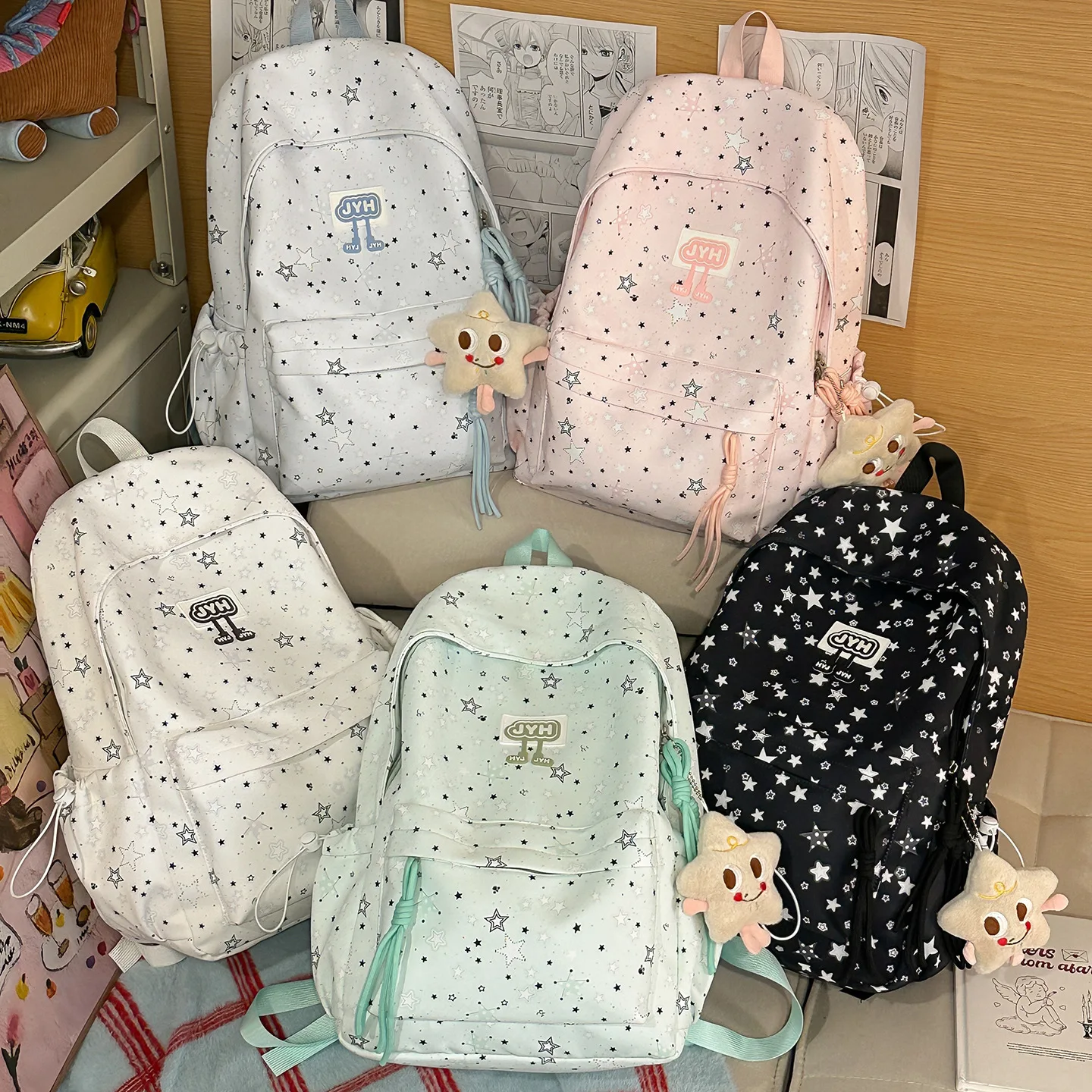 Nylon fabric color-blocked five-pointed star backpack, lightweight student schoolbag, cute pendant, waterproof travel bag