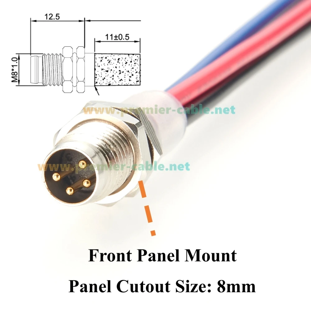 IP67 M8 A-Code 4Pin Male Connector Receptacle Cable Front Panel Mount Sensor Circular Electrical Cable with Pre-Assembly Pigtail