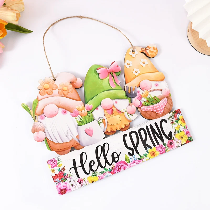 Easter Doorplate Wooden Slices Pendant Hello Spring Sign Letter Gnome Hanging Pendant Outdoor Door Wooden Plaque Sign Decoration