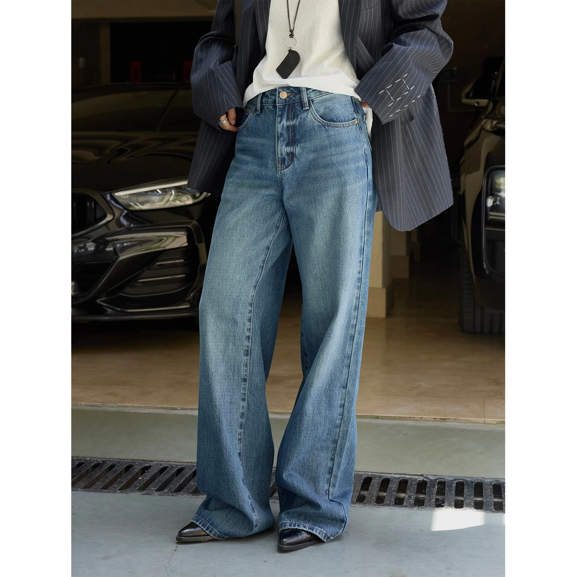 

Retro American Washed High Waist Wide Leg Jeans Slimming Floor-Length Pants Women Casual Straight Leg Blue Cotton Denim