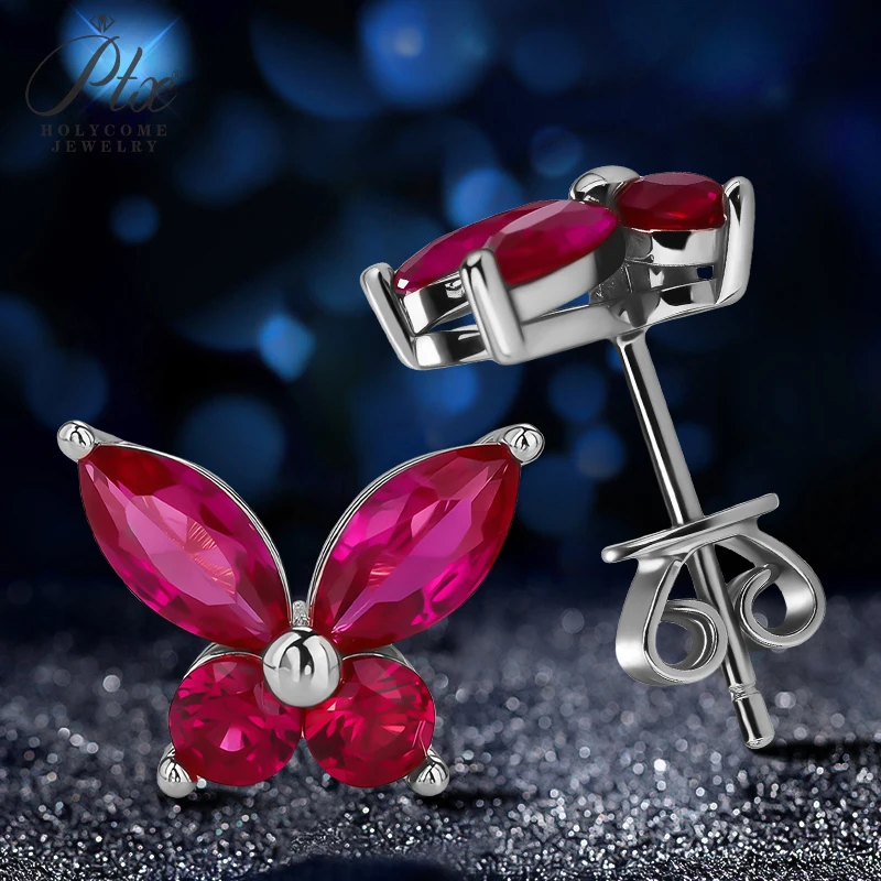 

S925 Sterling Silver Moissanite Butterfly Piercing Earring Lab Gemstones Ruby Emerald Blue Sapphire Female Sparkling Jewelry