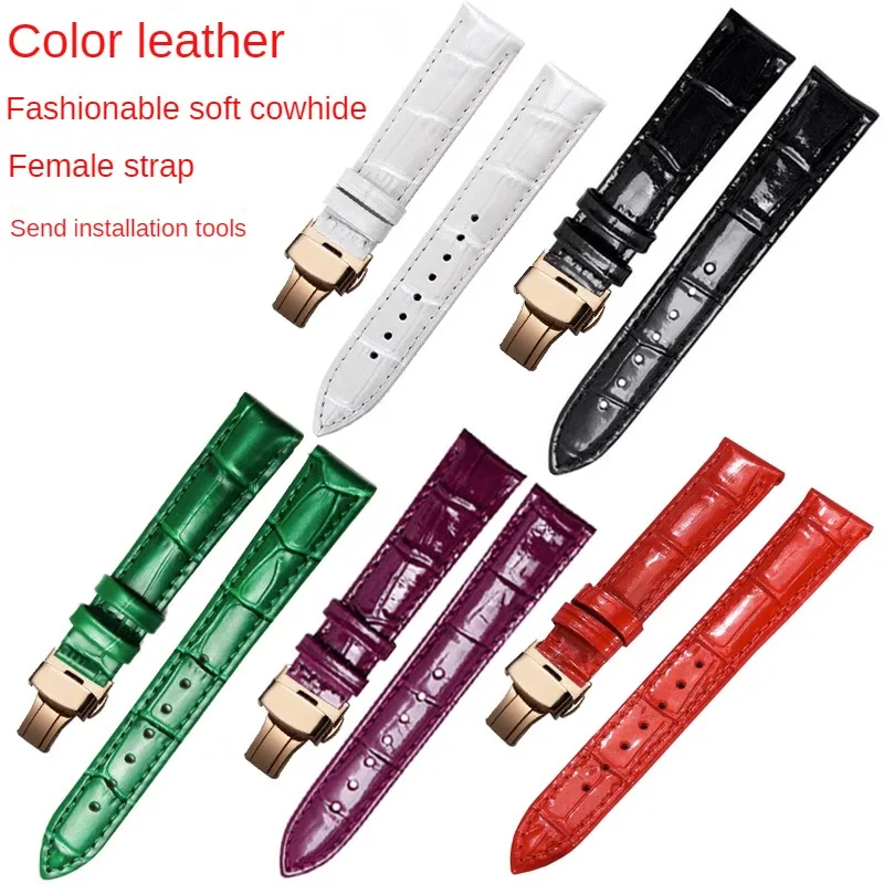 

Genuine Leather Watch Strap 14/16/18mm Women's Polished Glossy Cowhide Strap