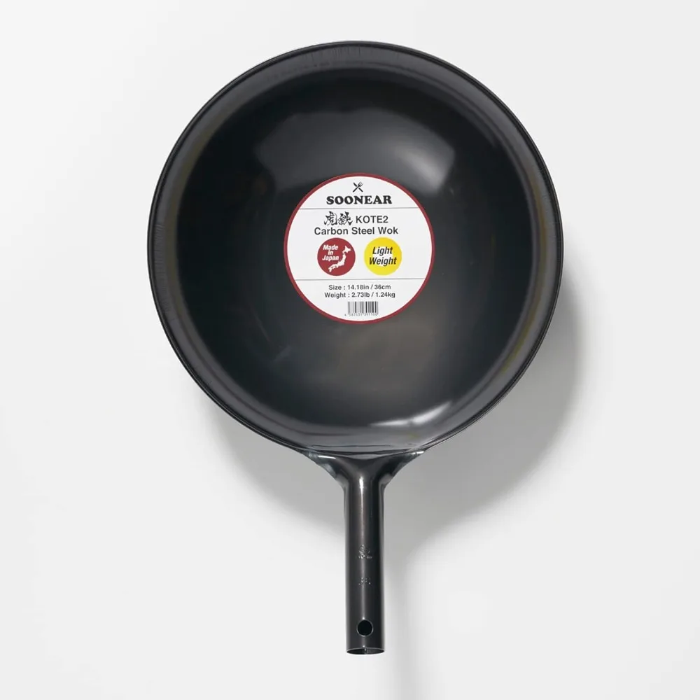 

KOTE2 Light Weight Carbon Steel Wok 14 1/4" 2.73lb(30% less) Gas Fire Round Bottom Carbon Steel Handle No Rivets