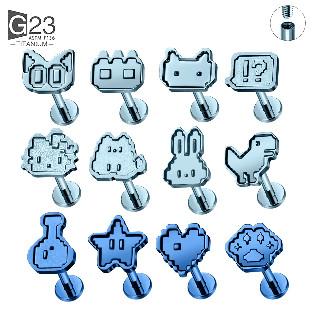 G23 Titanium Pixel Pattern Piercing Stud Anodized Internal Thread Labret Ear Stud Cartoon Tragus Helix Lip Body Piercing Jewelry