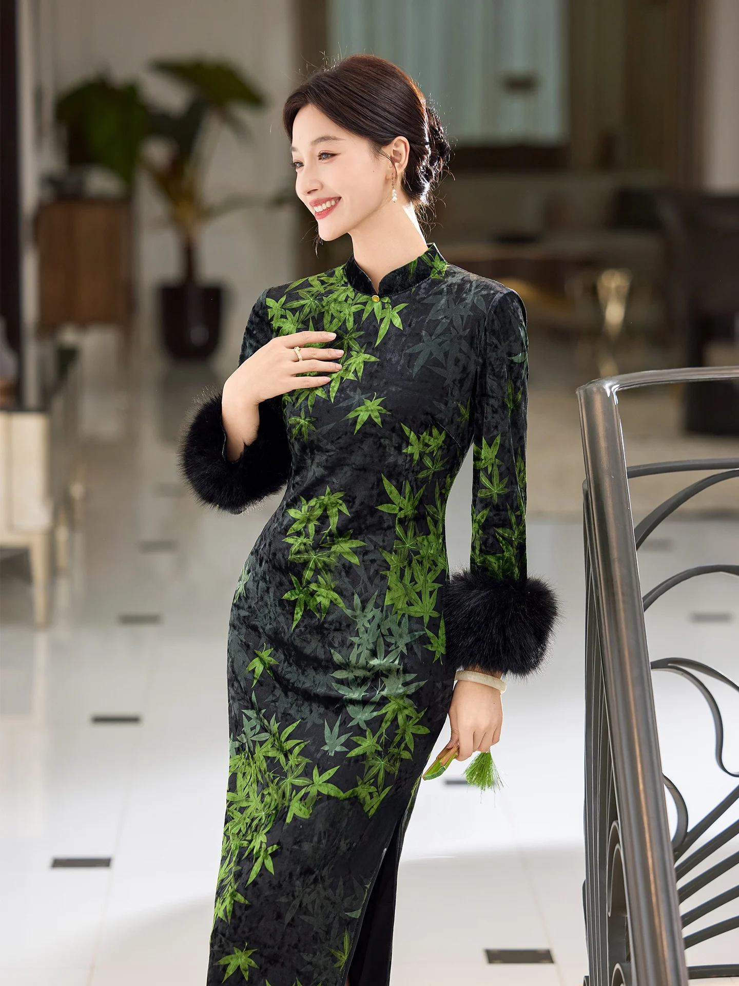 

Ele een Velvet Long Sve Mom Qipao Winter High Waist Slim Fit Vintage Sle Chinese Traditional Costume High End Faion