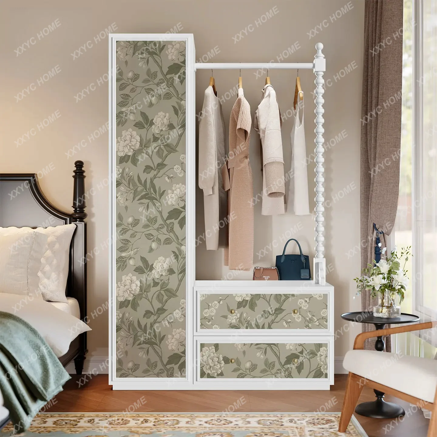 New Chinese landscape painting solid wood hanger household bedroom coat rack bedside table integrated medium