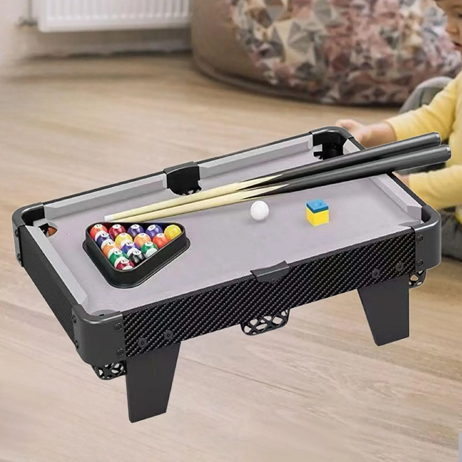 

Portable Mini Pool Table Lightweight Wooden Tabletop Games Set with Cues Chalk Rack for Indoor Players