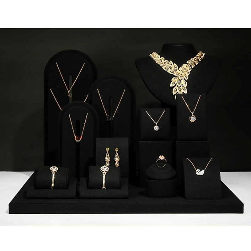 Black microfiber high-end window jewelry display stand set necklace ring jewelry rack counter display props