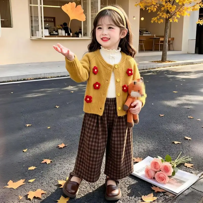 Girls Sweater Cardigan Wide Leg Pants Set Girls Autumn Winter New Knitted Jacket Checkered Straight Leg Pants Two-Piece Set
