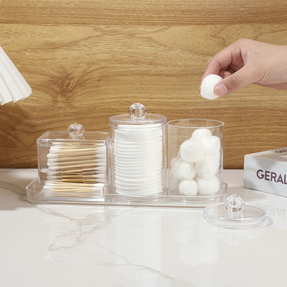 3Pcs Qtip Holder Dispenser, Apothecary Jars with Lids, Clear Acrylic Bathroom Jars 0rganizer, Cotton Swab Storage Dispenser