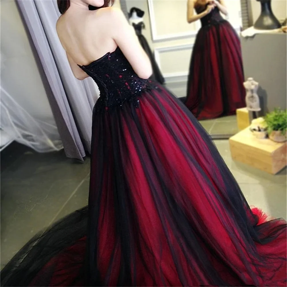 Sansa Red Whit Black Vestidos De Noche Strapless Lace Embroid Tulle Sweep Train فساتين السهرة Gothic A-line Tulle Prom Dresses