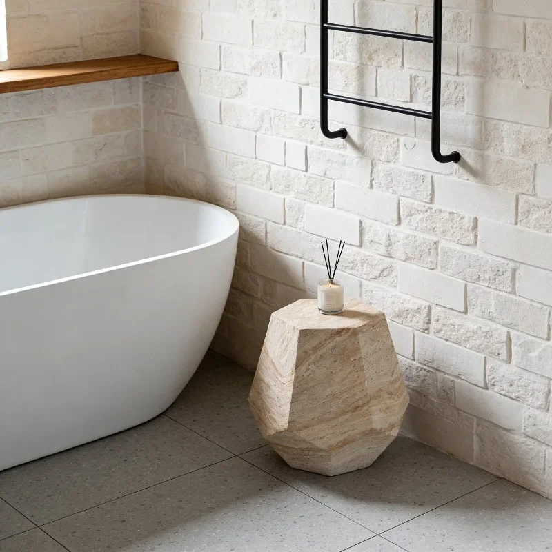 Imitation Travertine Stone Side Table Irregular Polygonal Faceted Cube Stool Raw Texture Decorative End Table