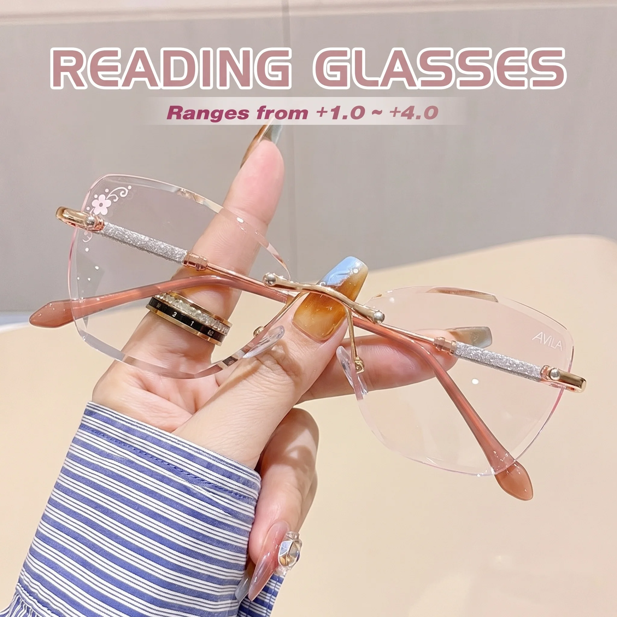 Fashionable women's gradient pink cat-eye patterned glitter high-quality high-definition reading glasses, upscale, youthful, art