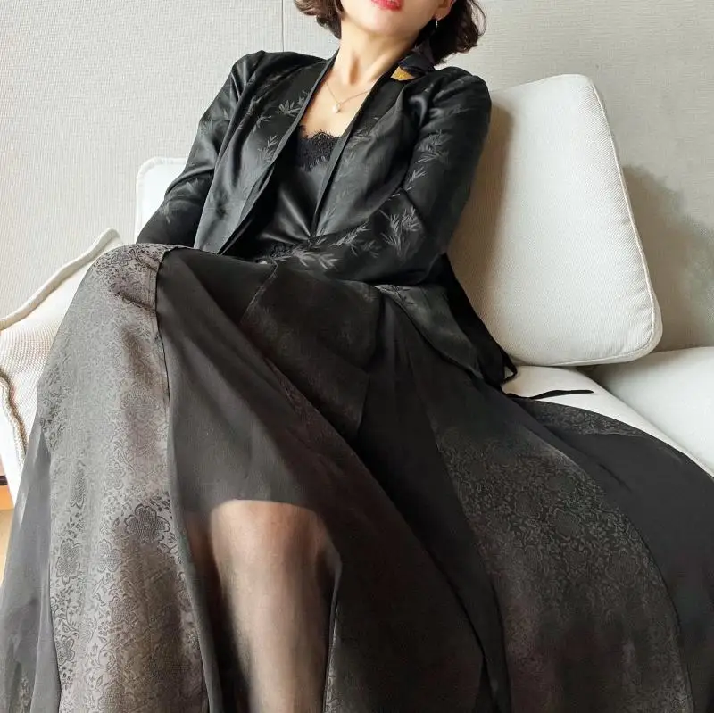 

Ele High Waist Silk Chiffon Midi Skirt Vintage Flared Hemline Floral Embroidery Paneling Ankle-Length Fene A-Line Skirt