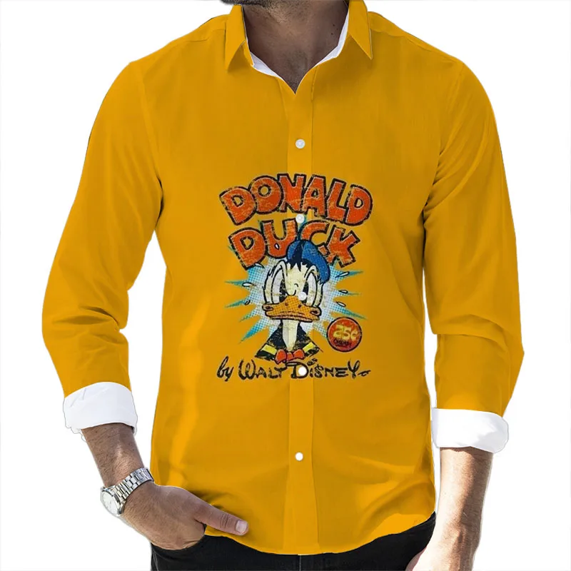 Street Style Mickey Minnie Cartoon 2024 Spring Harajuku New Fashion Casual 3D Printed Long Sleeve Lapel Shirt Slim Men's Top