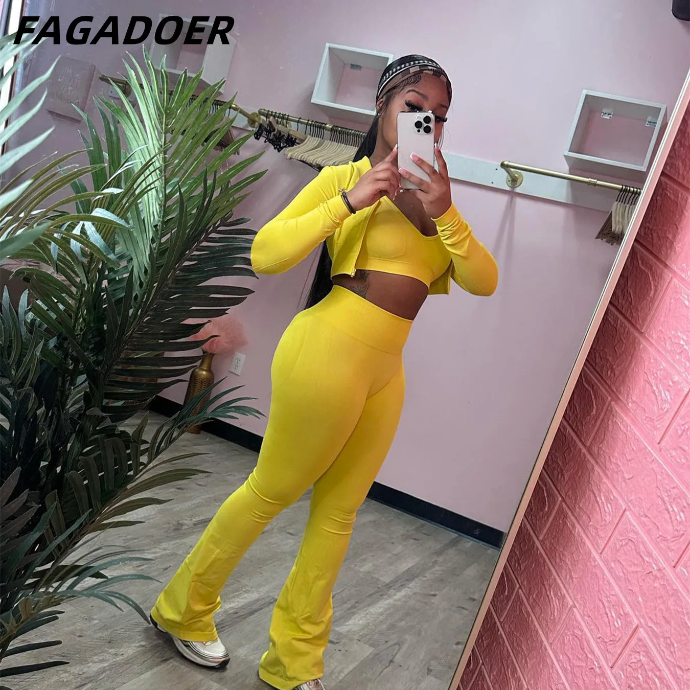 FAGADOER-Pantalon Évasé Sportif à Manches sulfpour Femme, Tenue Féminine à la Mode, 3 Pièces