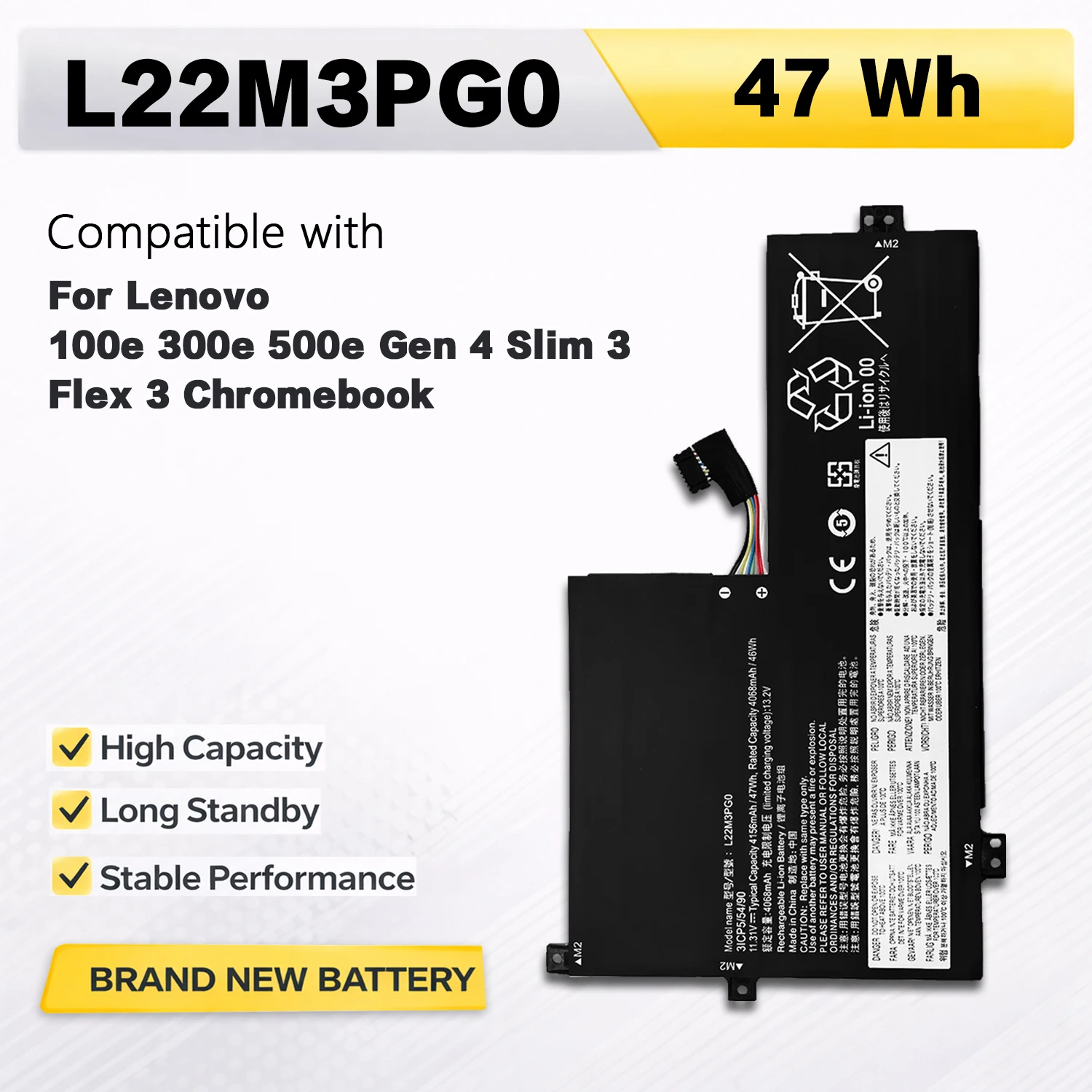 PowerHub L22M3PG0 Battery 47Wh 11.31V For Lenovo 100e 300e 500e Gen 4 Slim 3 Flex 3 Chromebook L22B3PG0 L22C3PG0 L22D3PG0 Li-ion