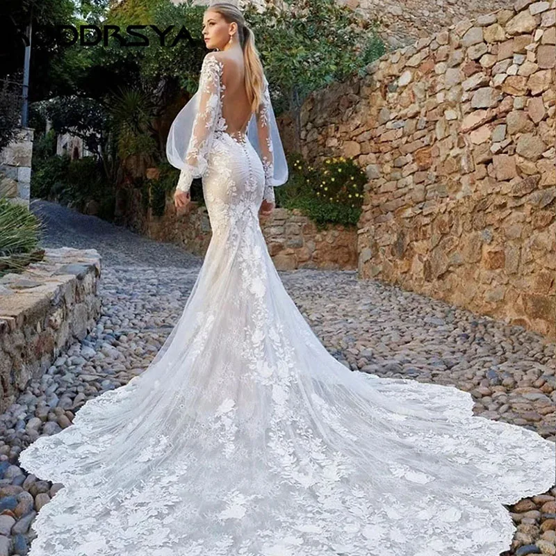 RODDRSY Romantique Mermaid O NecK Wedding Dress Puff Sleeves Tulle Lace Appliques Bridal Gown Custom Made Robe De Mariée