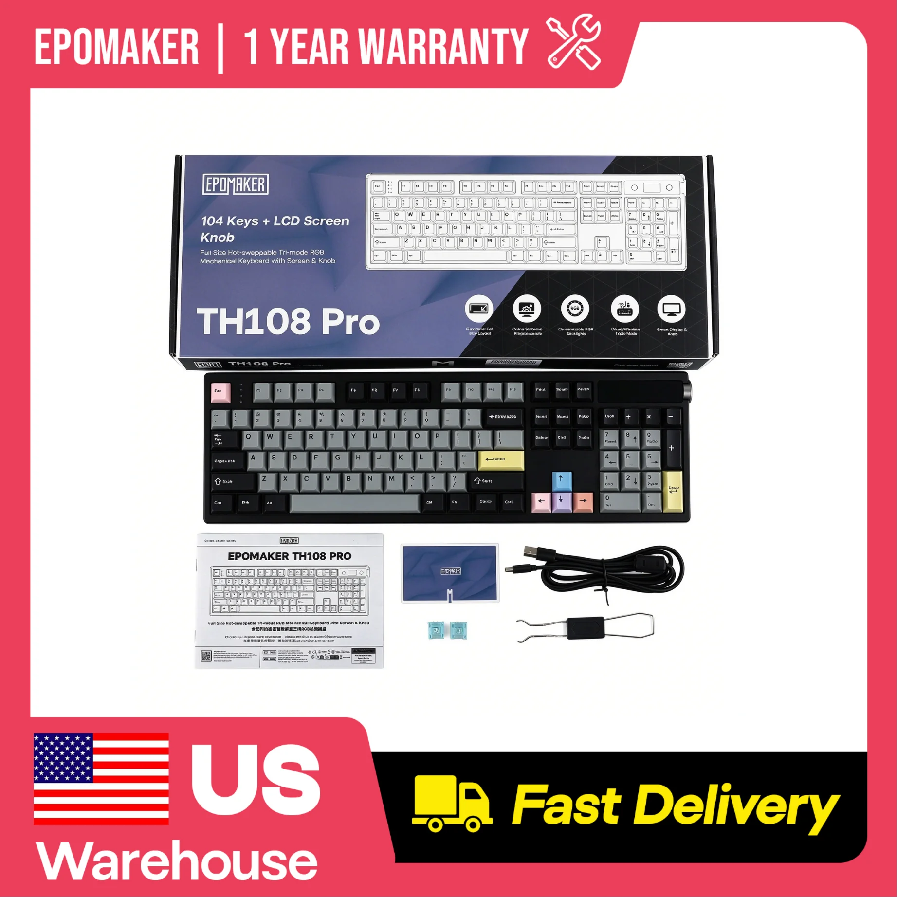 EPOMAKER TH108 PRO 100% Hot-Swap Gasket Tri-Mode Connectivity Wireless Mechanical Gaming Keyboard Long-Lasting 10000mAh Battery