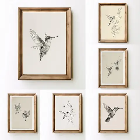 (2D canvas painting)Vintage Minimalist Hummingbird Sketch Bird Animal Drawing Illustration Poster Canvas Painting Wall Art Pi
