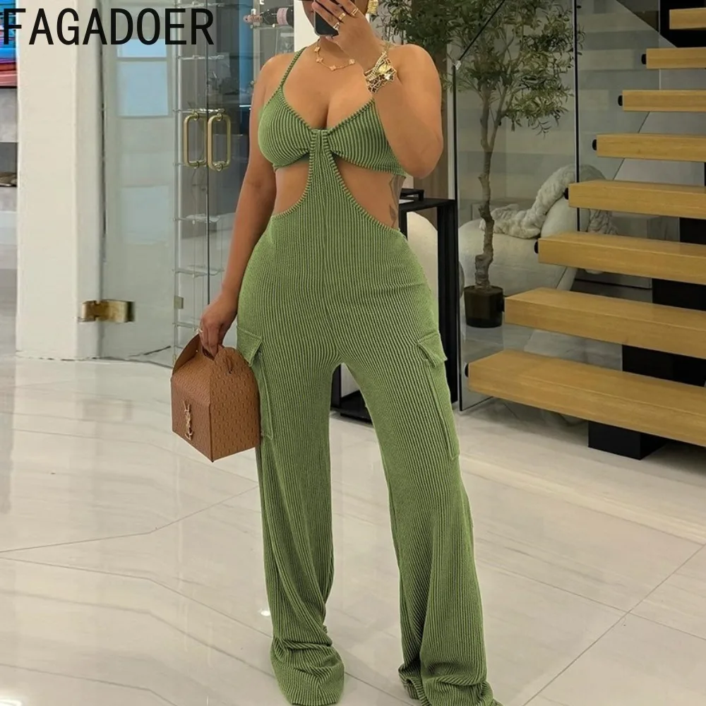 

FAGADOER Green Sexy Solid Hollow Ribber One Pieces Jumpsuits Women Deep V Thin Strap Sleeveless Backless Straight Playsuits 2024