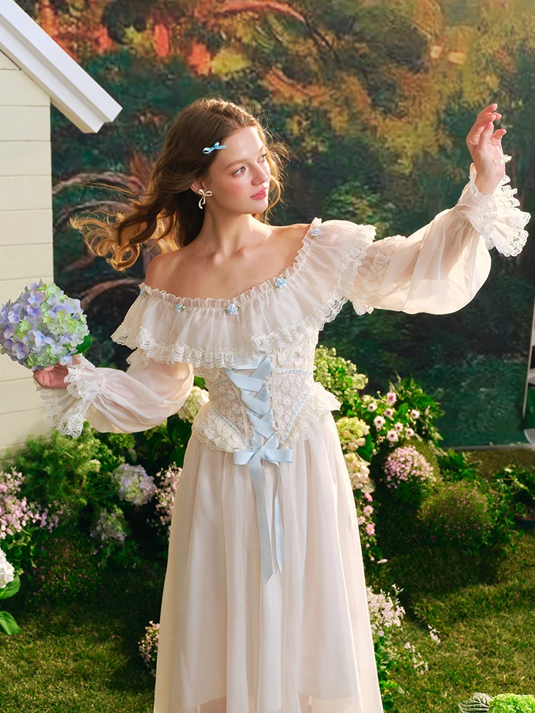 TIYIHAILEY Jesienna Sukienka Damska Długa Maxi z Bufiastymi Rękawami XS-XL Vintage z Wysokim Stanem Koronkowa Dekolt typu Slash Białe Sznurowanie 2025