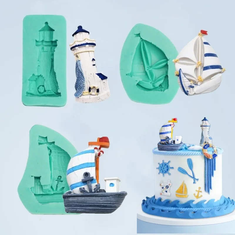 Sailboat Lighthouse Cake Silicone Fondant Mold Boat Anchor Baking Cake Topper Mediterranean Decoration Ocean Series