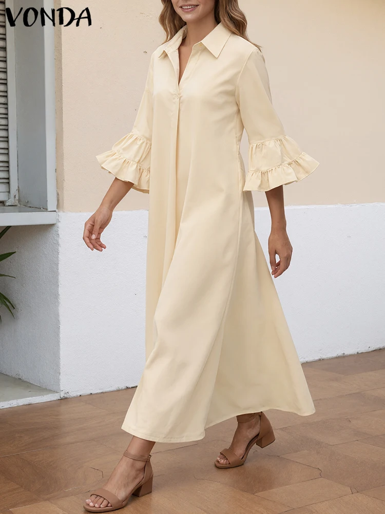Women Plus Size Sundress Lapel 3/4 Sleeve Ruffled Elegant Maxi Long Vestidos Casual Solid Party Robe Office Dresses 5XL VONDA