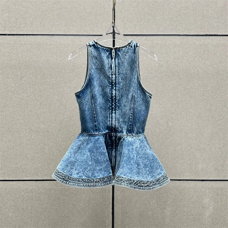 2026 SS New Women's Round Neck Snowflake Denim Sleeveless Top High-Quality Fashionable Casual Pure Cotton Ruffled Hem Denim Vest