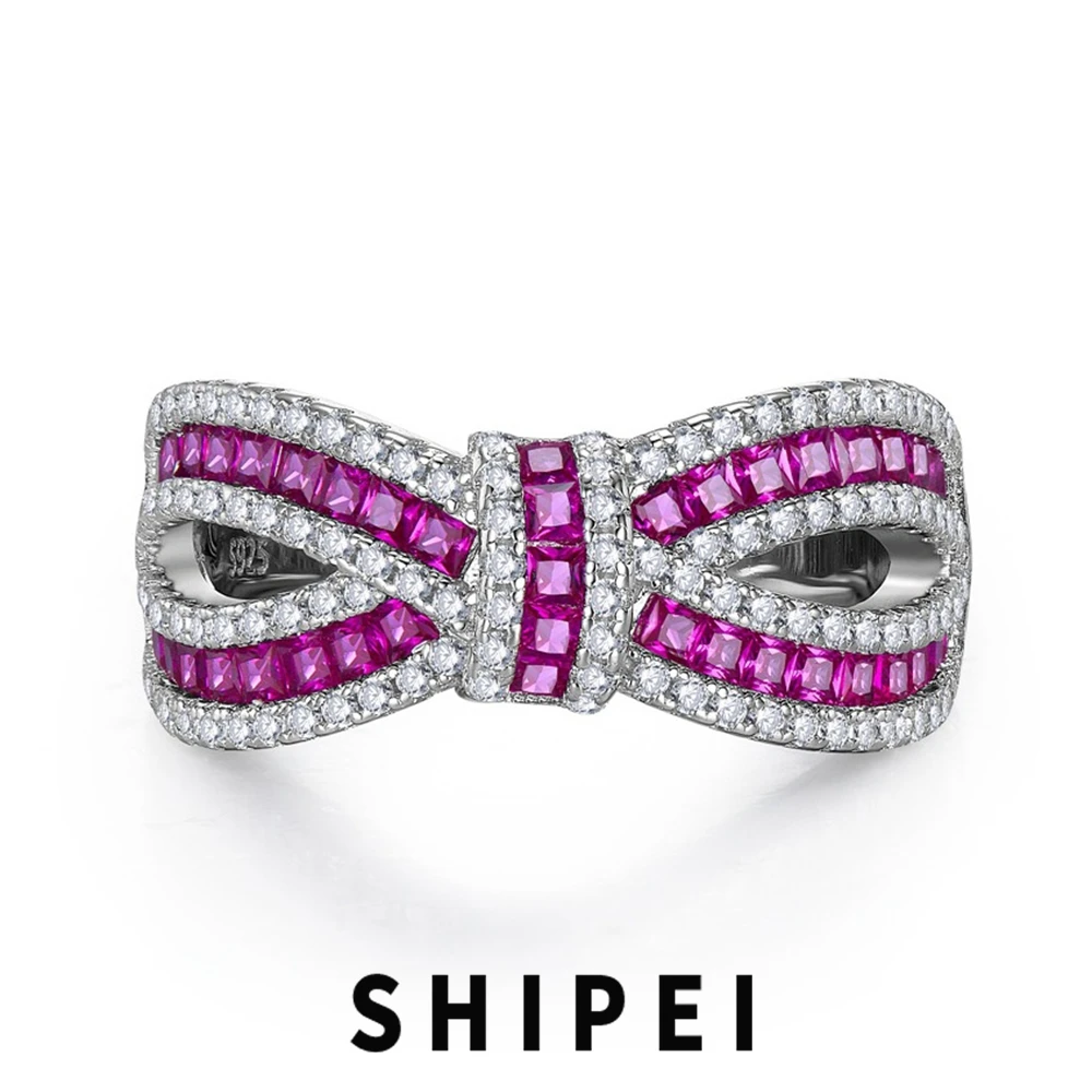 

SHIPEI Luxury Solid 925 Sterling Silver Ruby White Sapphire Gemstone Bowknot Ring For Women Fine Jewelry Birthday Gift Wholesale