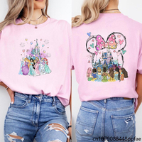 Women's Fashion New Cute Disney Princess Printed T-Shirt Disney Castle Shirt Cute Minnie Head Shirt