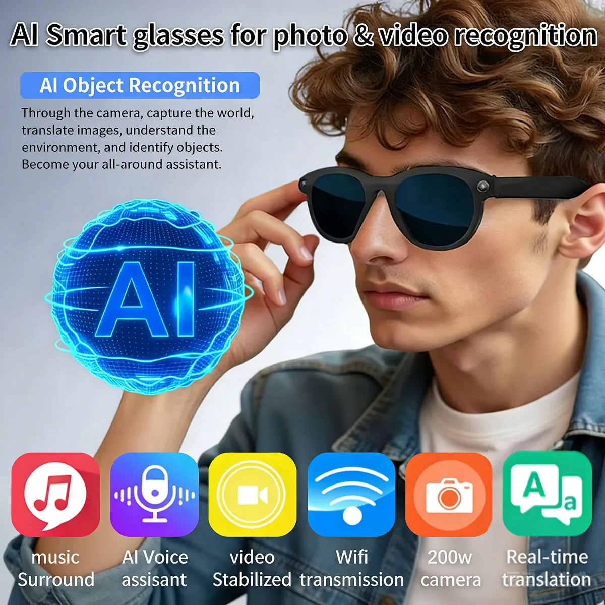 

Smart Glasses with AI Voice Assistant HD Camera Dual Lenses for Photo Music Real-Time Translation Anti-Blue Light for Driving