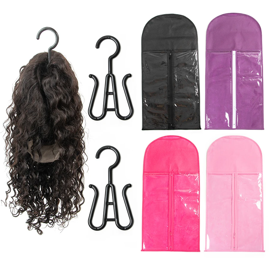 Bolsas de almacenamiento de peluca, bolsa de almacenamiento de extensiones de cabello con colgador para pelucas de encaje, soporte para extensiones de cabello, colgador de peluca con bolsa, accesorios para peluca