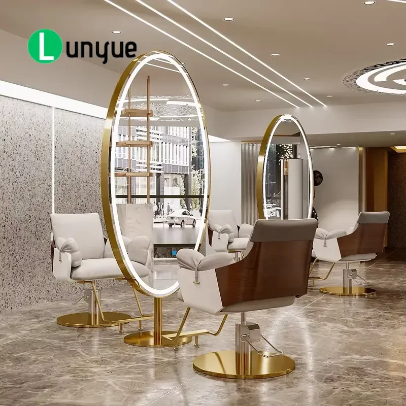 Modern Large Full Size Yellow Gold LED Aluminum Glass Mirror Styling Design For Haircut Furniture Shopping Malls