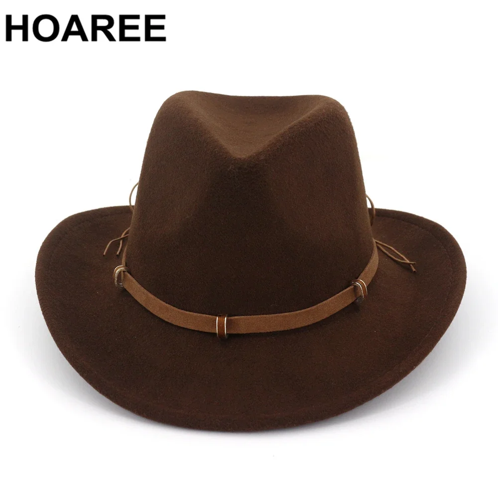 

HOAREE Coffee Women Fedora Hat Wool Cowboy Felt Hat with Leather Belt Elastic Men Wide Brim Vintage Solid Winter Cowboy Jazz Hat