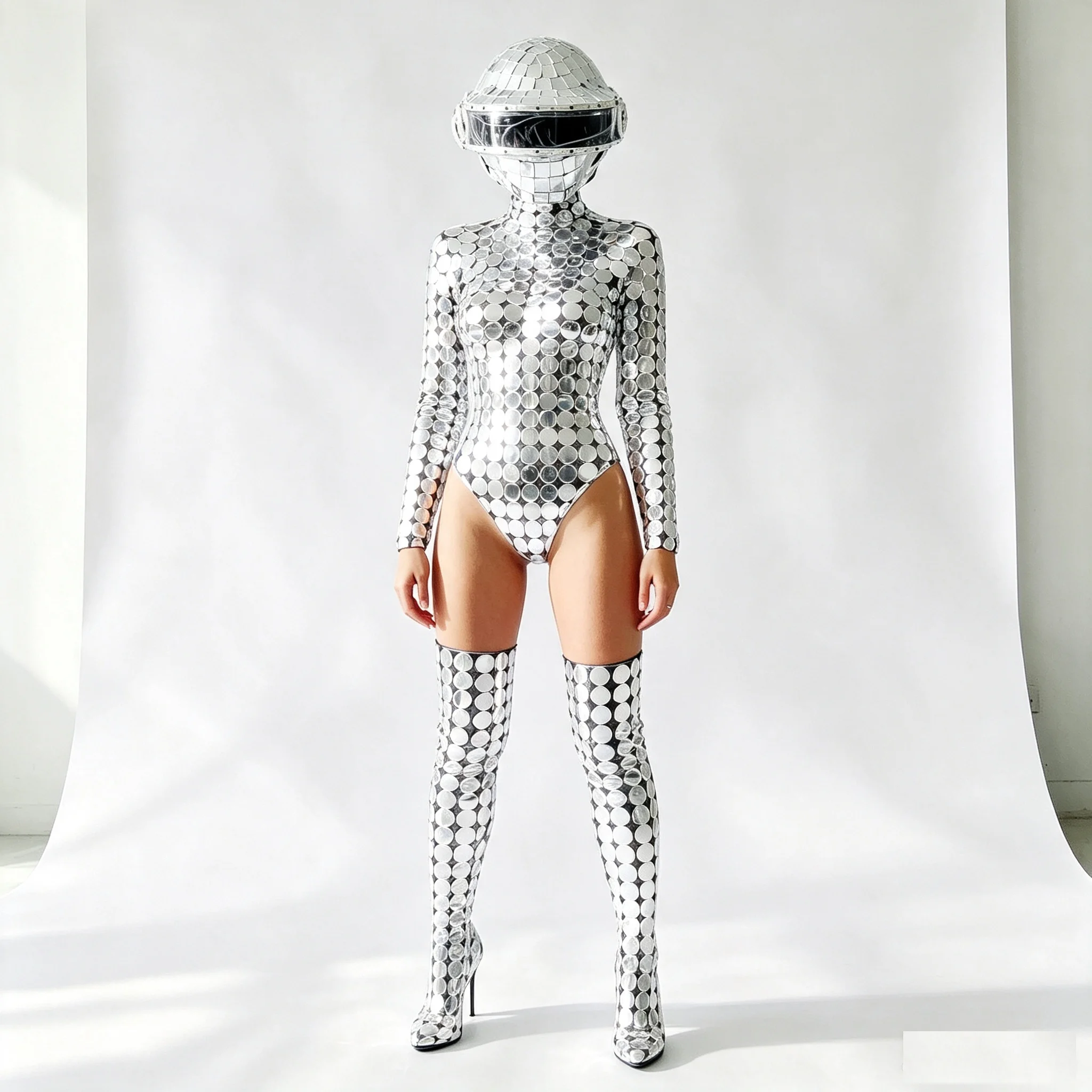 Hand Sewn Futuristic Mirror Suit for Women, Reflective Robot Costume with Full Body Bodysuit, Space Helmet and Matching Boots f