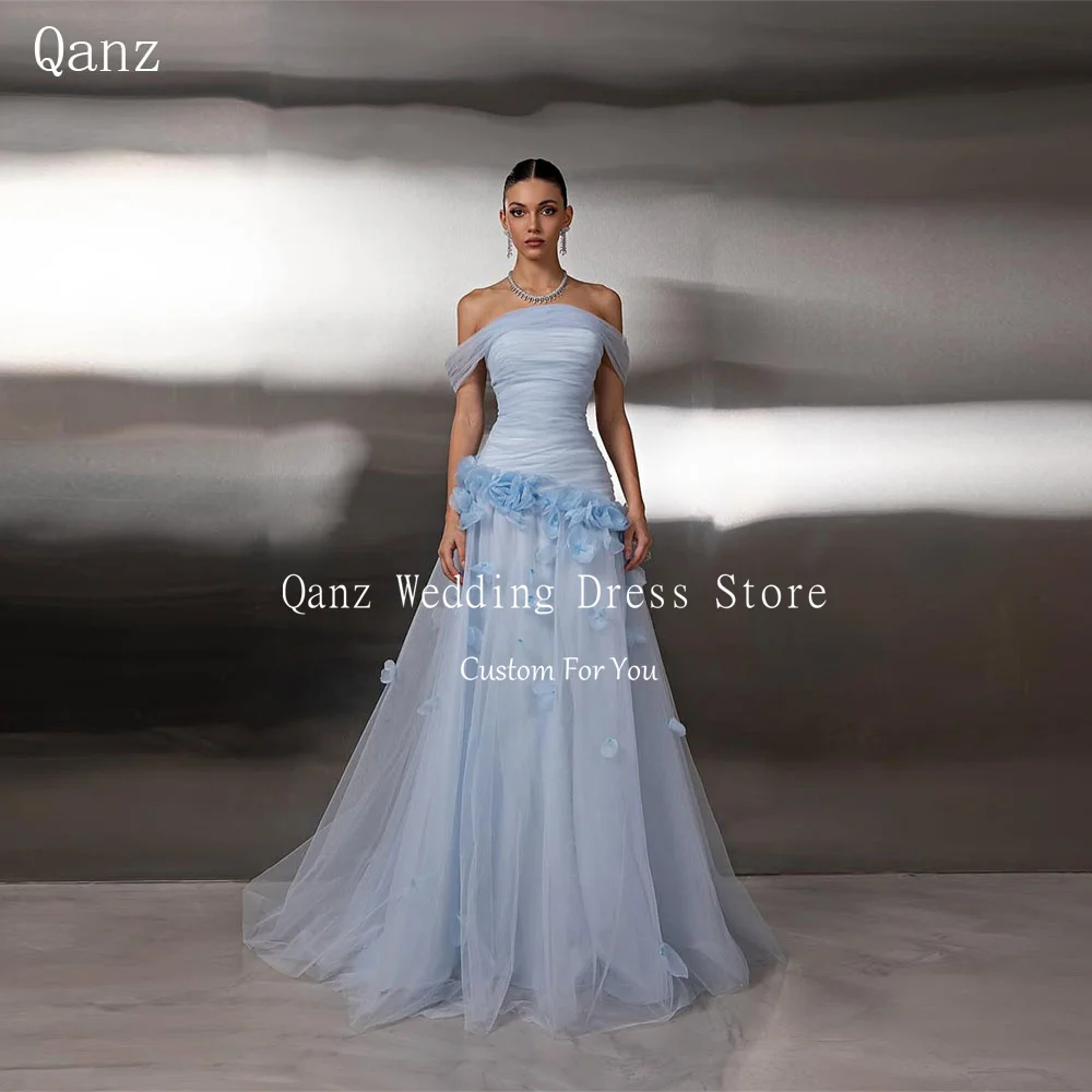 

Qanz Baby Blue Тюлевые вечерние платья с открытыми плечами Цветочные платья для гостей свадьбы Длинные трапециевидные платья De Soirée по индивидуальному заказу