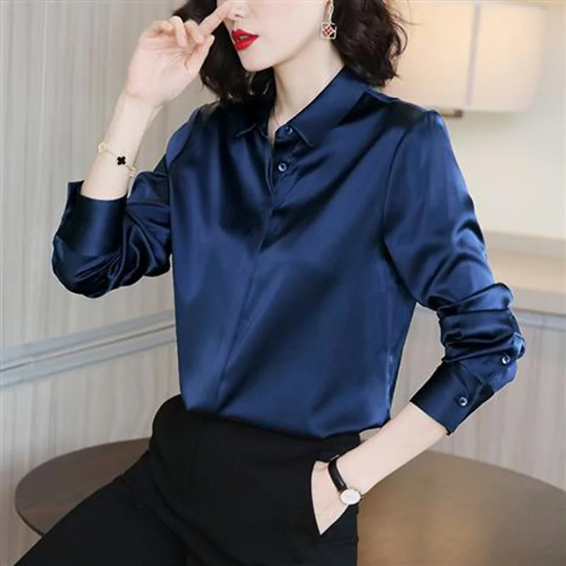 Elegant Solid Color Lapel Long Sleeve Oversized Satin Button Shirt 2022 Autumn New Casual Women\'s Clothing Office Lady Blouses