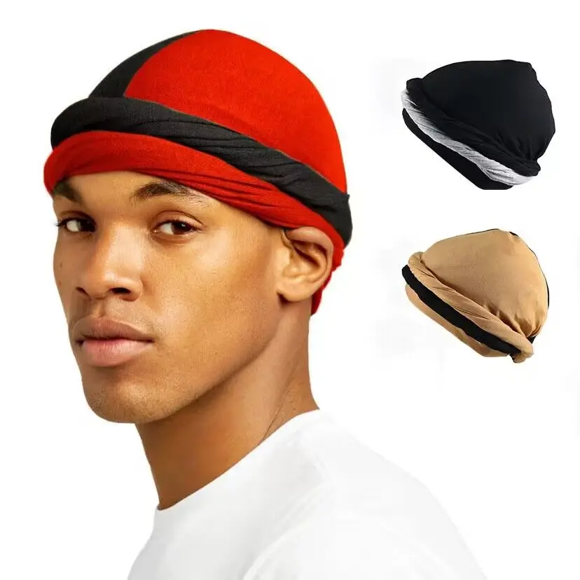 

Mix color Satin Lined Turban Head Wrap for Men Soft Bamboo Pre-tied Skull Cap Sleeping Bonnet Male Halo Turbans Stretch Durags