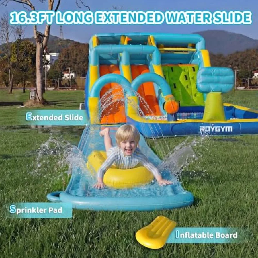 Inflatable Water Slide for:Backyard Water Park with Dual Slides, 16.4ft Long PVC Slide, Blue/Red, Heavy-Duty Vinyl, Quick-Infla