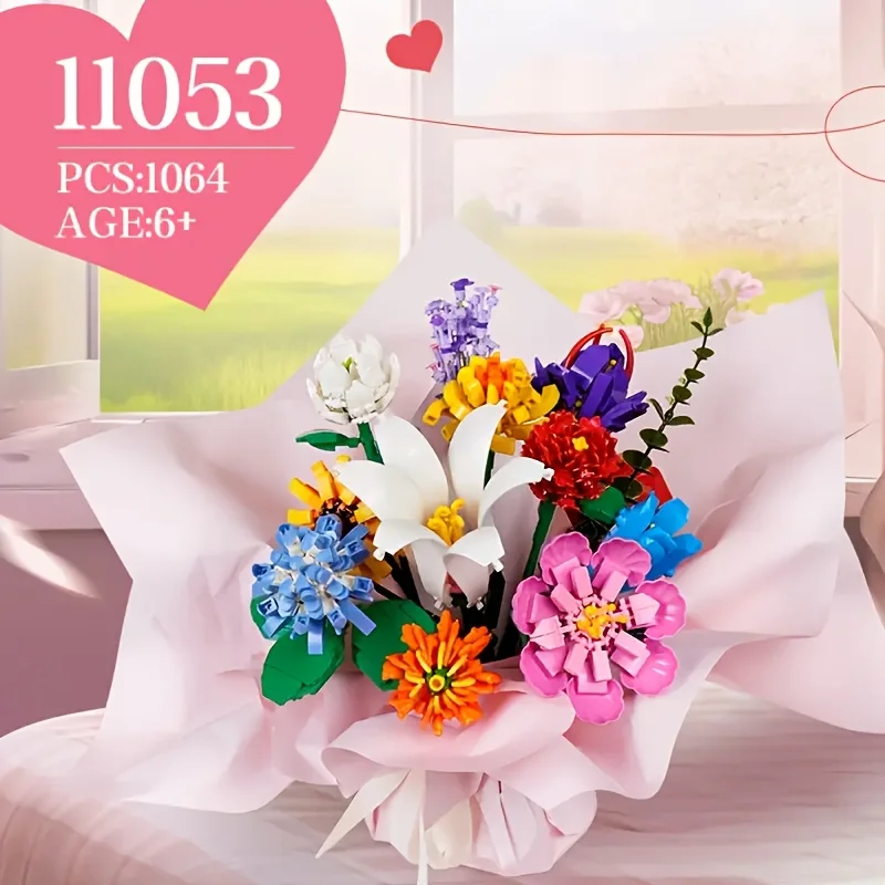 Bausatz für Blumenstrauß – ewige Rose, Bausteinspielzeug mit künstlichen Blumen, Valentinstag, Muttertag, Weihnachtsgeschenk