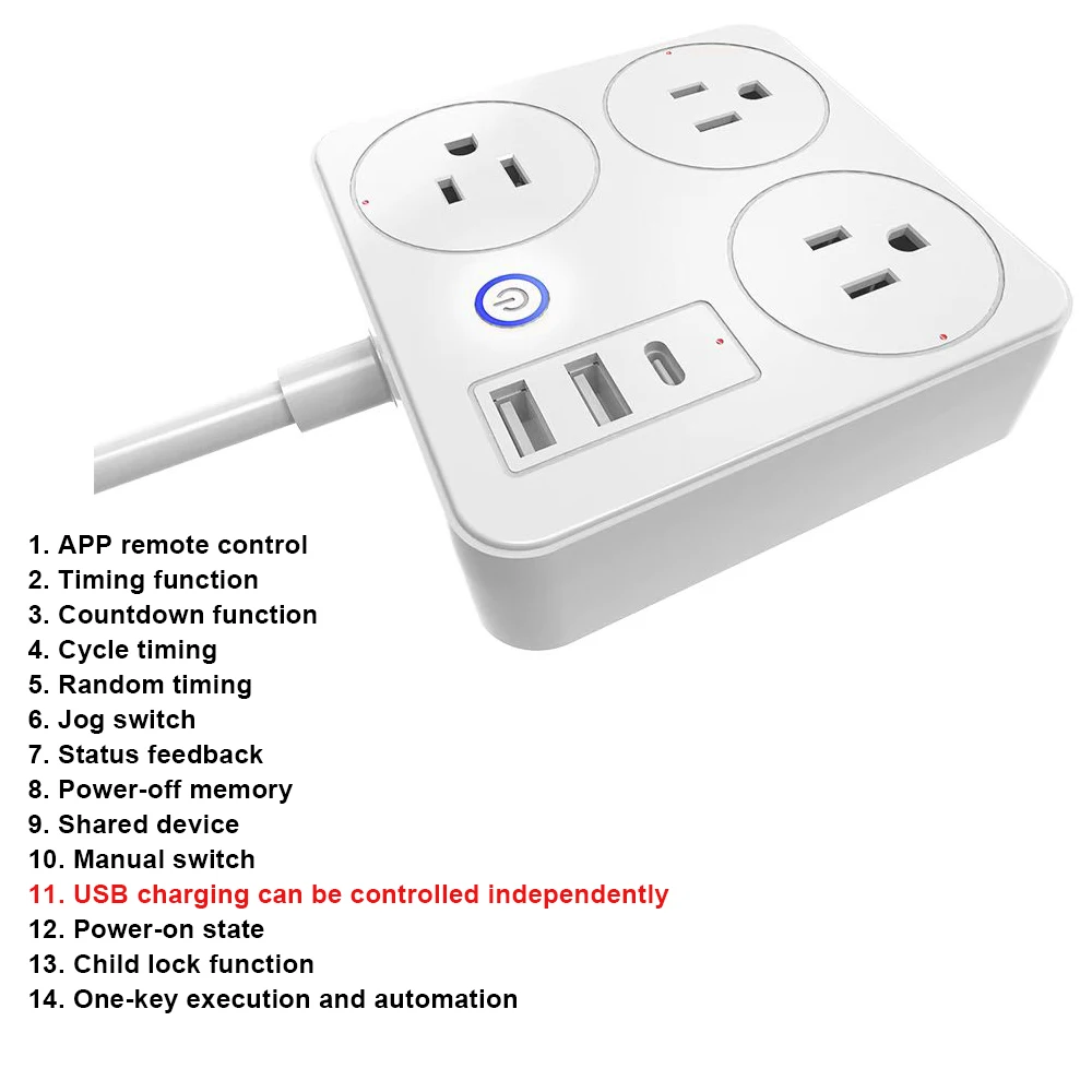 Wifi Tuya Smart Socket US 1.5m Power Line With USB Port Type-C Charging Port Smart Plug Voice Control Support Alexa