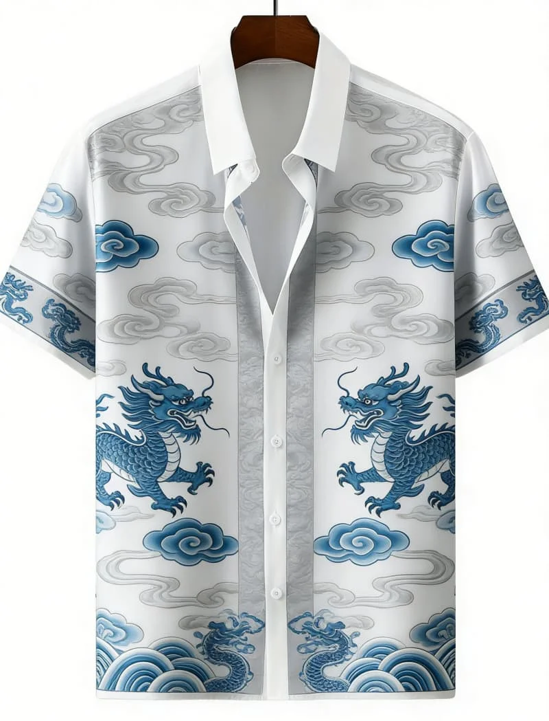 

Men's Classic Retro Chinese Dragon Short Sleeve Shirt - Dragon & Landscape Calligraphy Print Top For Vacation And Daily Wear