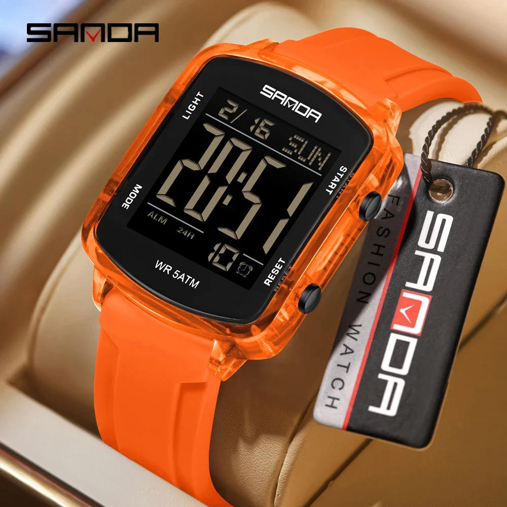 SANDA 6351 Fashion Transparent Electronic Watch for Male and Female Students, 5ATM Waterproof Night Light Multifunctional