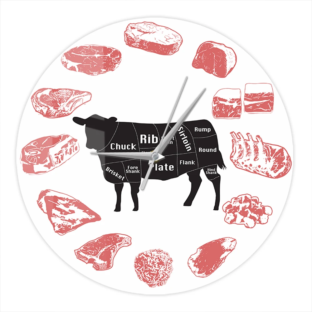 Angus Beef Chart Printed Wall Clock For Steak House Farmhouse Kitchen Butcher Diagram Cow Meat Cut Art Clock for Cooks Butchers