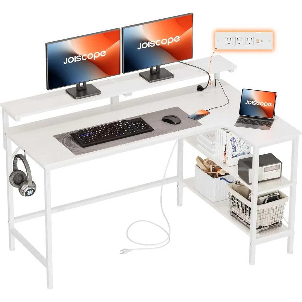 L Shaped Gaming Desk with Shelves and Display Riser, Corner Computer Desk with Type-C Outlet 48 inches White Office Desks